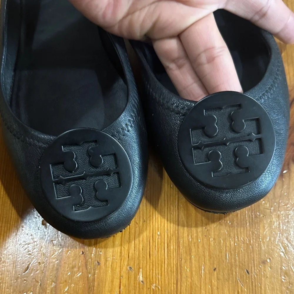 Tory Burch Black Leather Flats with Logo Size 5.5